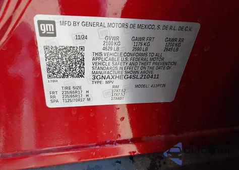 2025 Chevrolet Equinox Fwd Lt из США, поврежденный, VIN 3GNAXHEG4SL210411